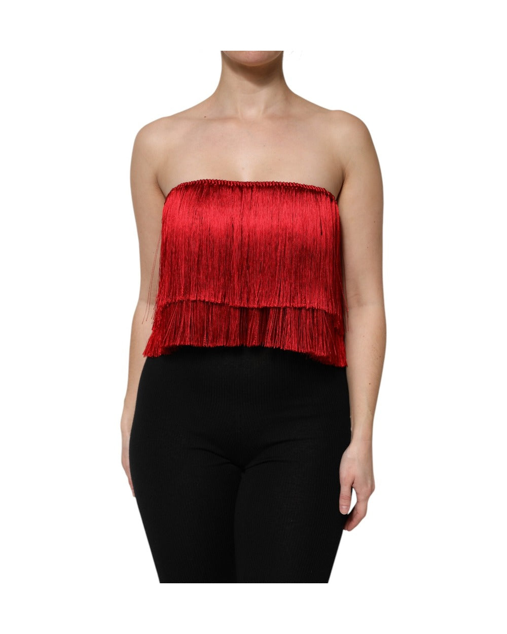 Dolce & Gabbana Red Silk Strapless Fringe Crop Tube Top
