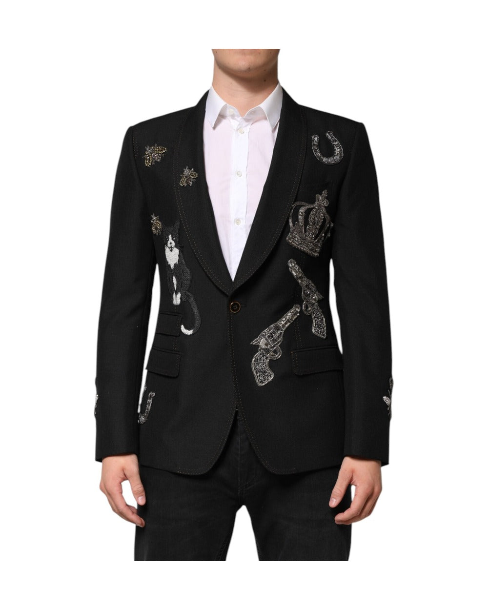 Dolce & Gabbana Black Bee Crown Embellished Suit Coat Blazer