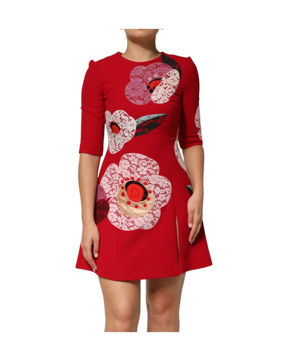 Dolce & Gabbana Red Lace Floral Applique A-line Mini Dress