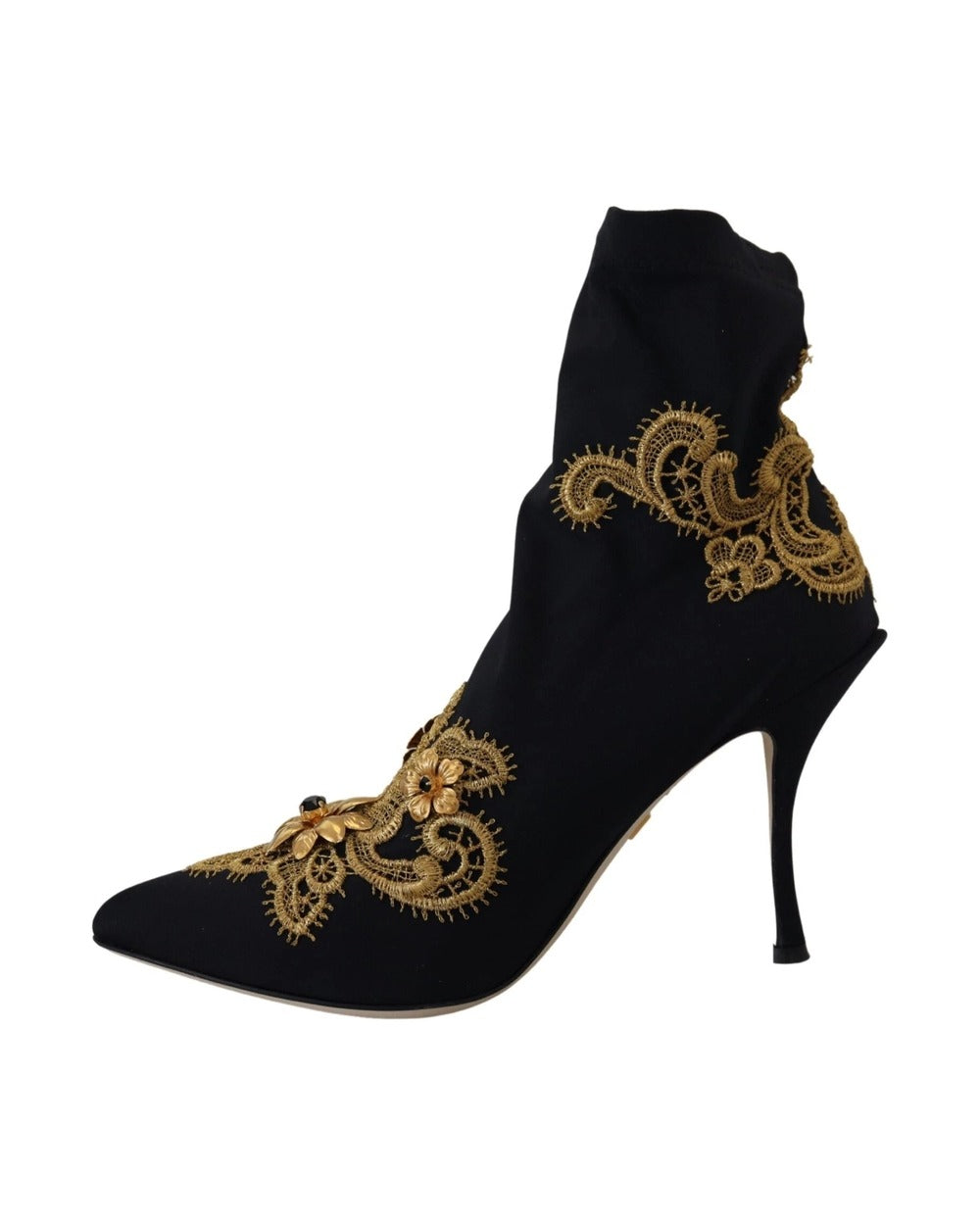 Dolce & Gabbana Black Gold Embroidery Crystal Boots Shoes