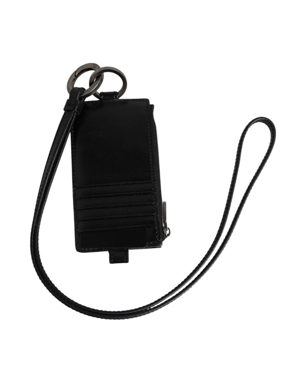 Dolce & Gabbana Black Leather Logo Embossed Lanyard Card Holder Wallet