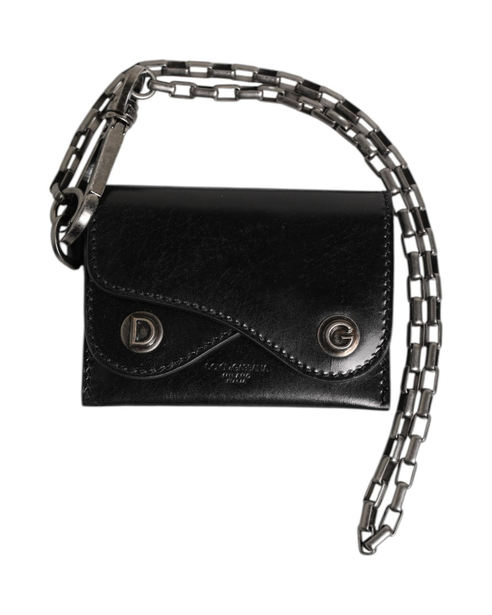 Dolce & Gabbana Black Cavallo Leather Wallet Chain Snap Bifold Card Holder