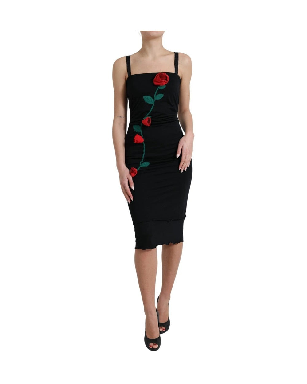 Dolce & Gabbana Black Wool Sleeveless Rose Applique Dress