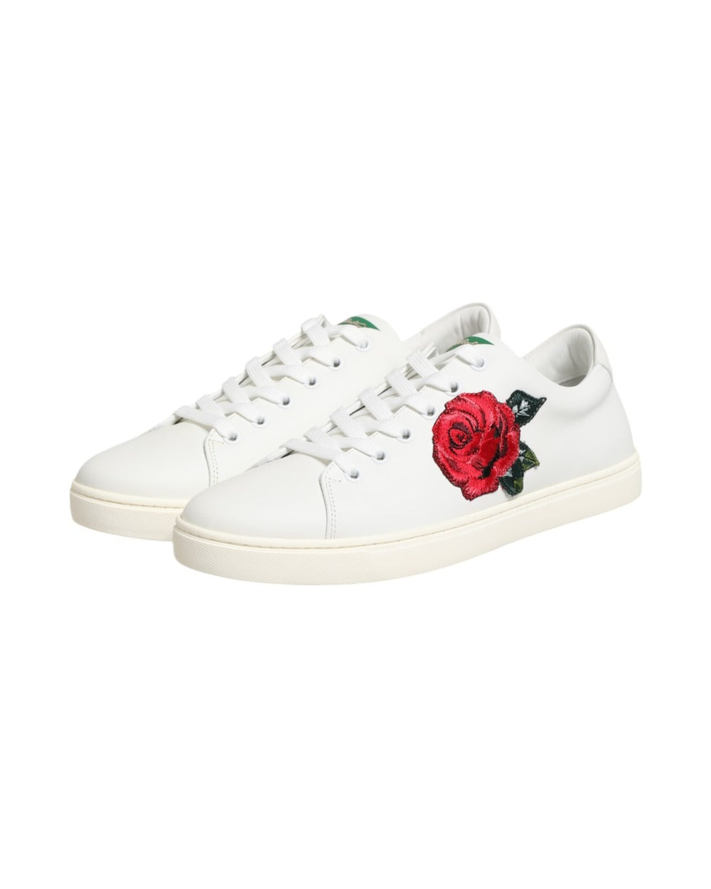 Dolce & Gabbana White Leather Rose Embroidery Low-Top  Shoes