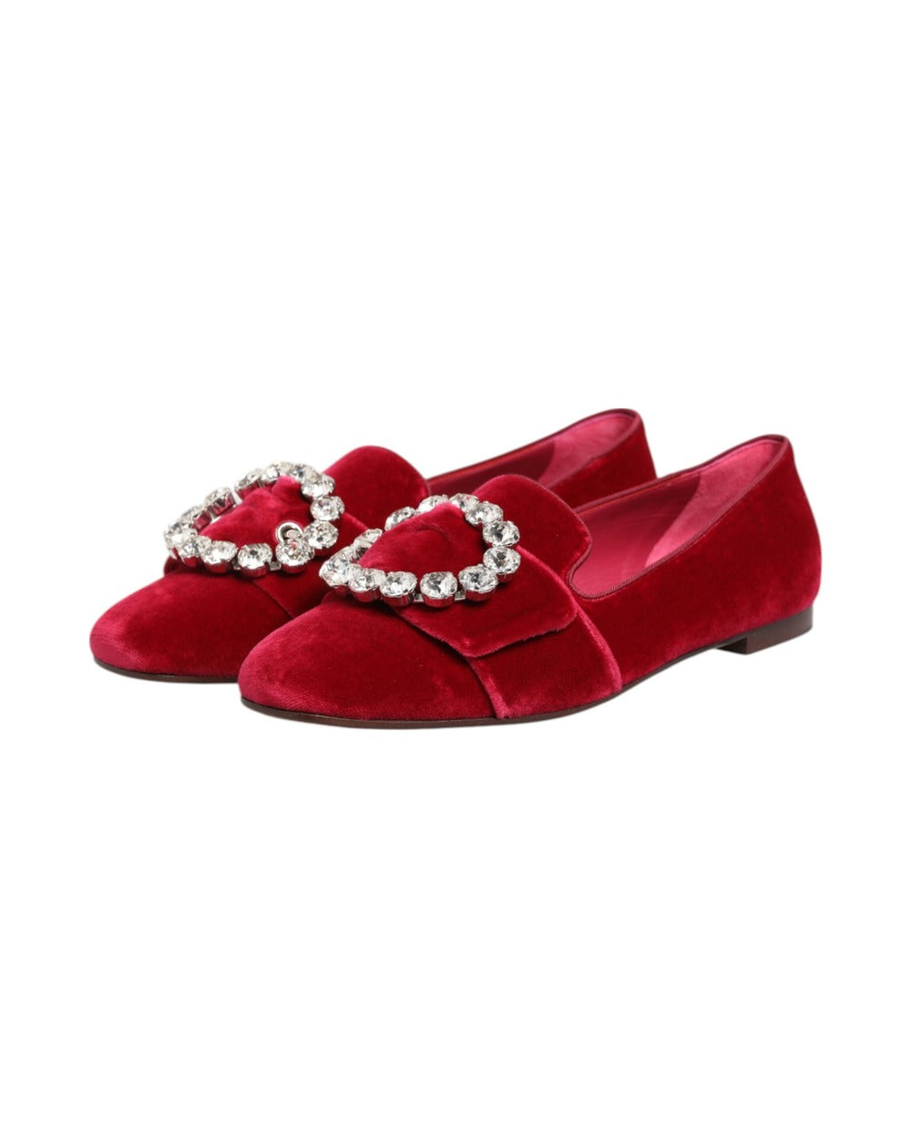 Dolce & Gabbana Red Velvet Crystal Buckle Loafers Flats Shoes