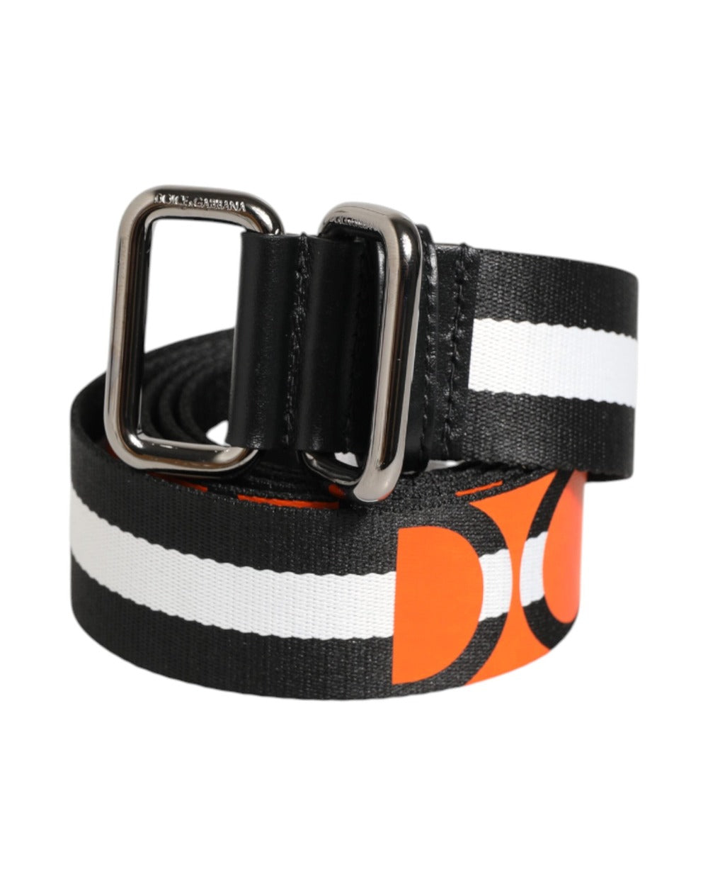 Dolce & Gabbana Black White Striped Logo Metal Buckle Belt