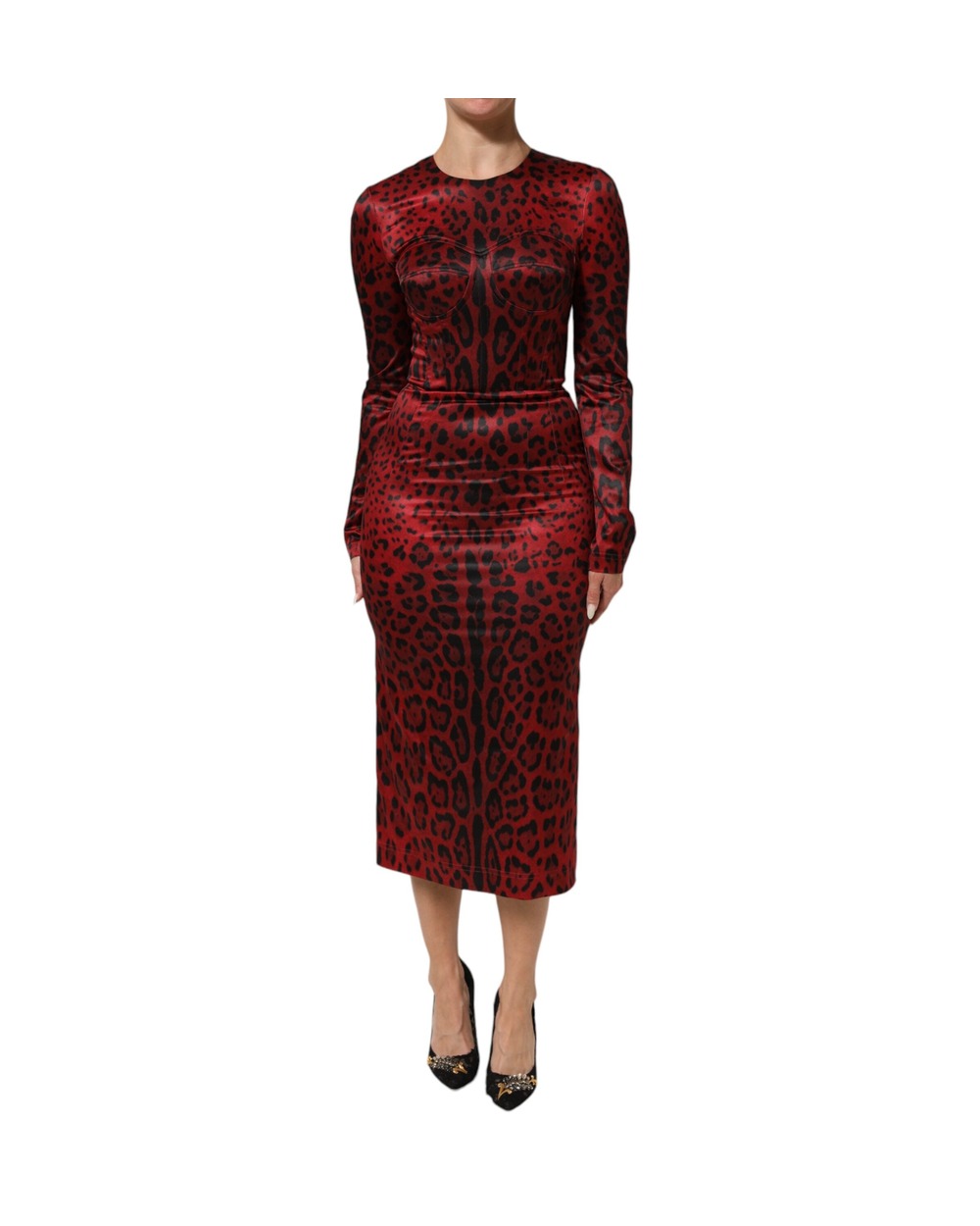 Dolce & Gabbana Red Leopard Sheath Long Sleeves Dress