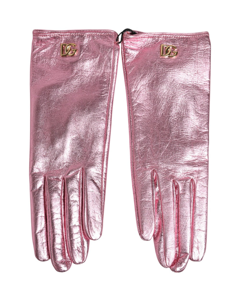 Dolce & Gabbana Pink Leather DG Logo Wrist Length Mitten Gloves