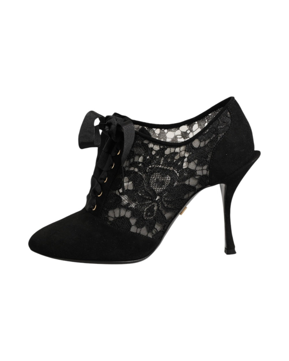 Dolce & Gabbana Black Floral High Heels LACE-UPS Pumps Shoes