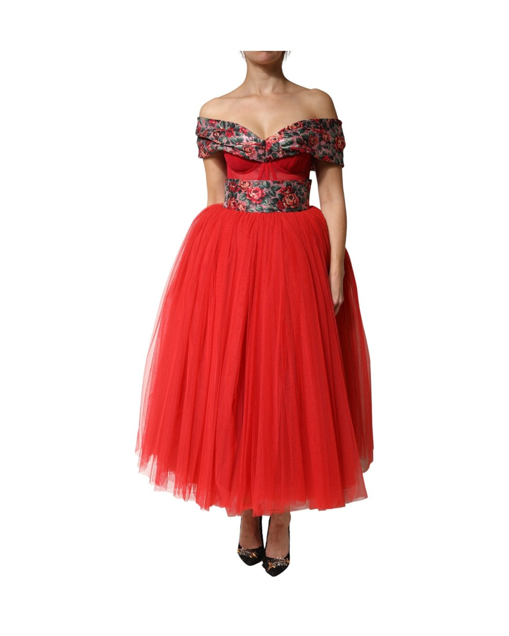 Dolce & Gabbana Red Floral Off Shoulder A-line Gown Dress