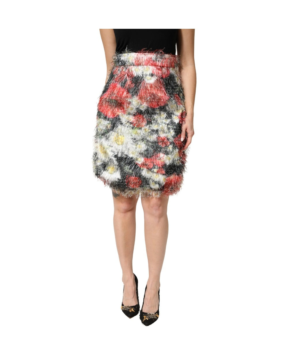 Dolce & Gabbana Multicolor Floral Textured Faux Fur Pencil Skirt
