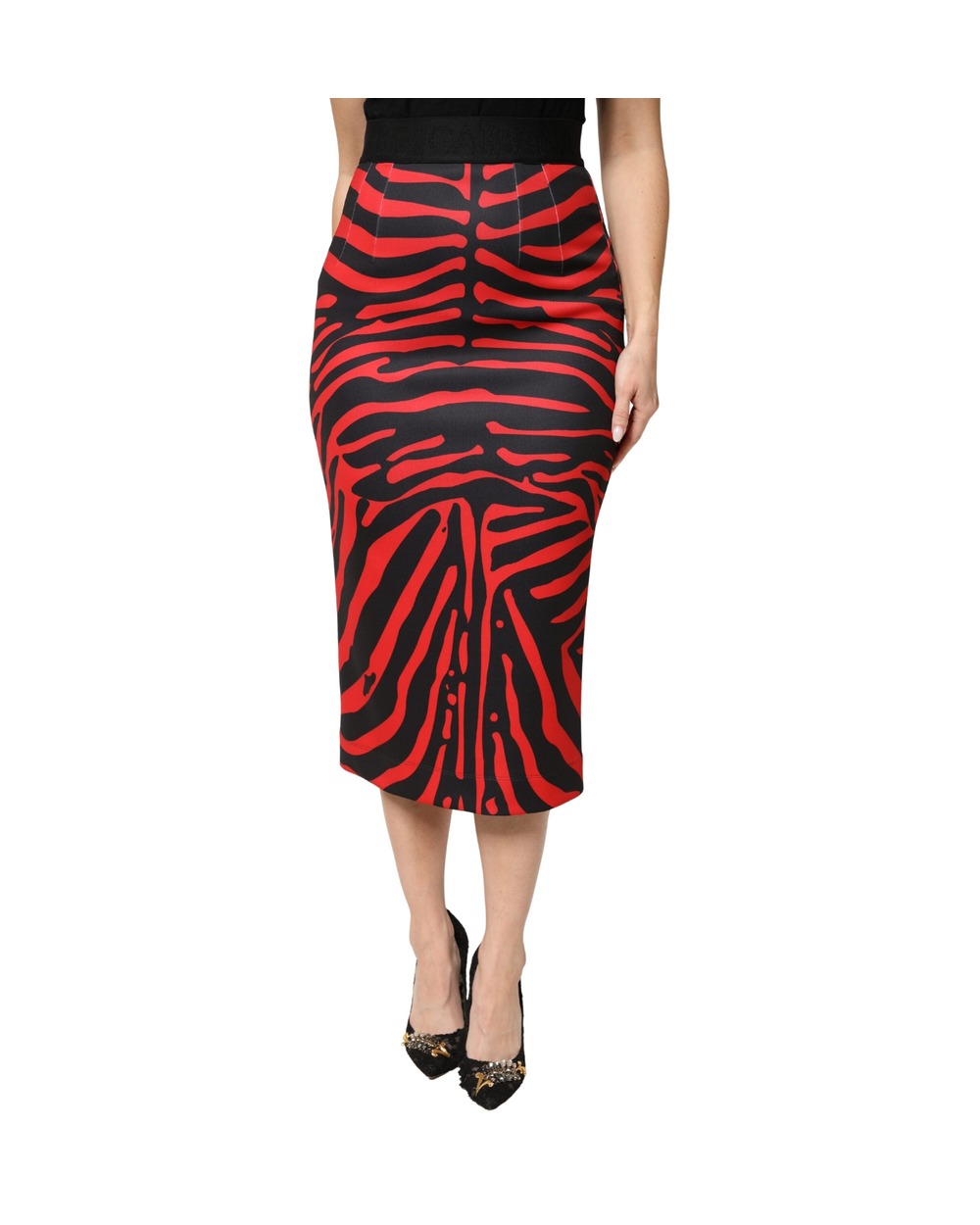 Dolce & Gabbana Red Black Zebra Print Polyester Pencil Midi Skirt
