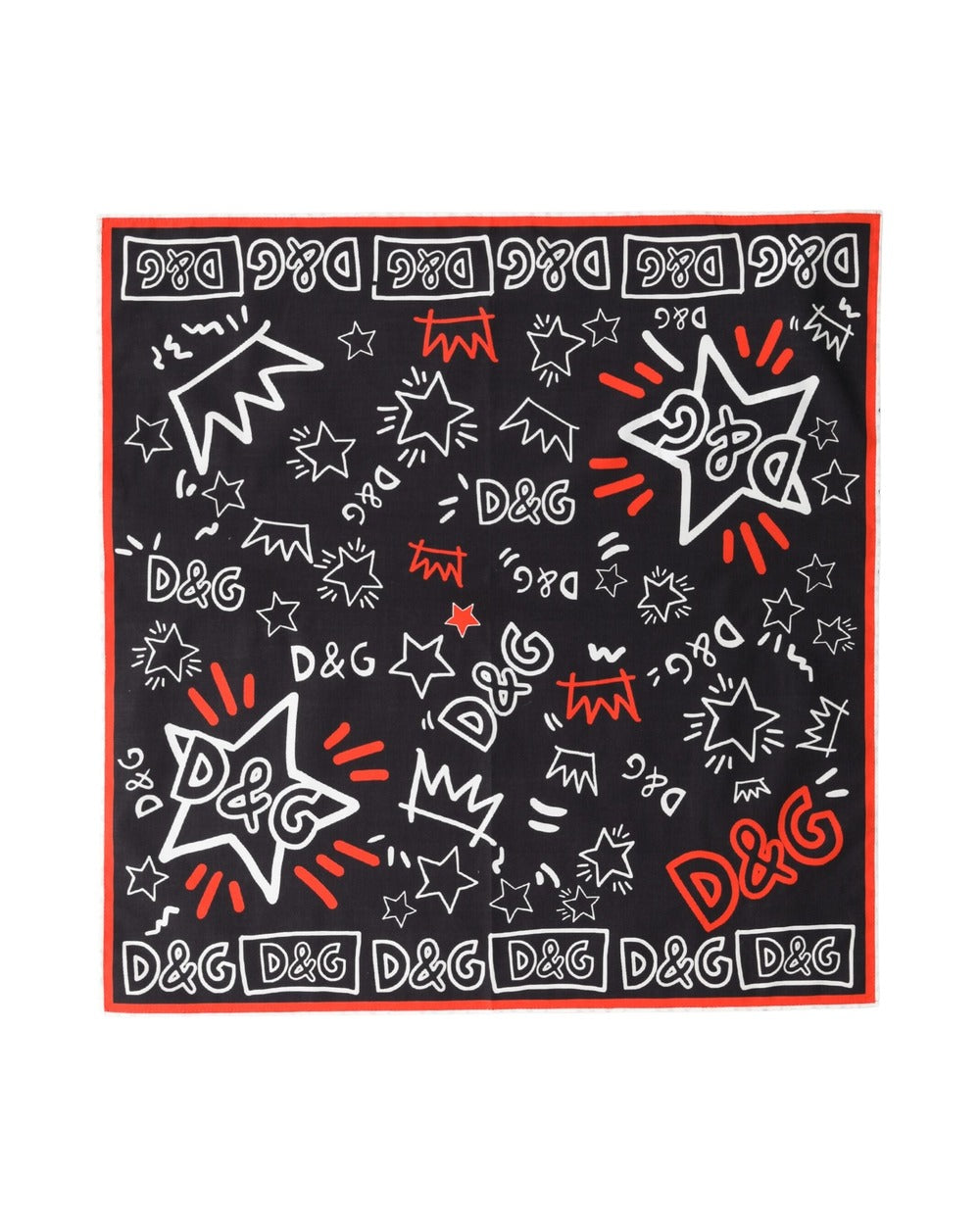Dolce & Gabbana Black White Red DG Crown Cotton Foulard 47cm x 46cm Scarf
