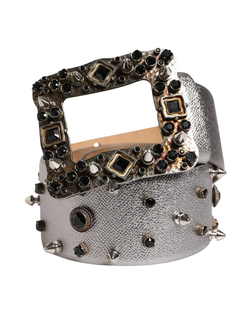 Dolce & Gabbana Silver Leather Crystal Metal Buckle Belt