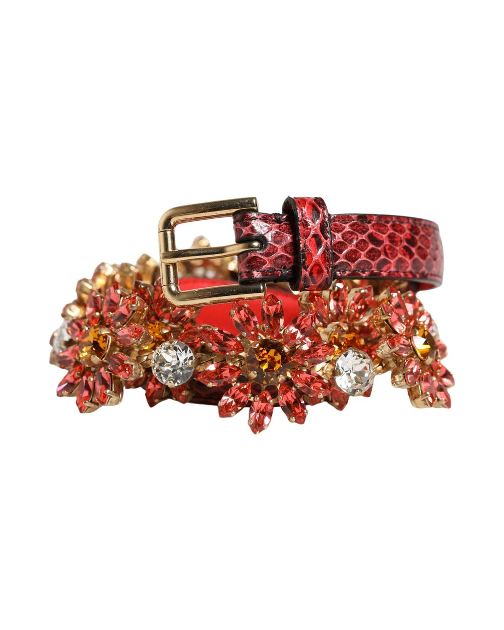Dolce & Gabbana Red Leather Daisy Crystal Embellished Waist Belt