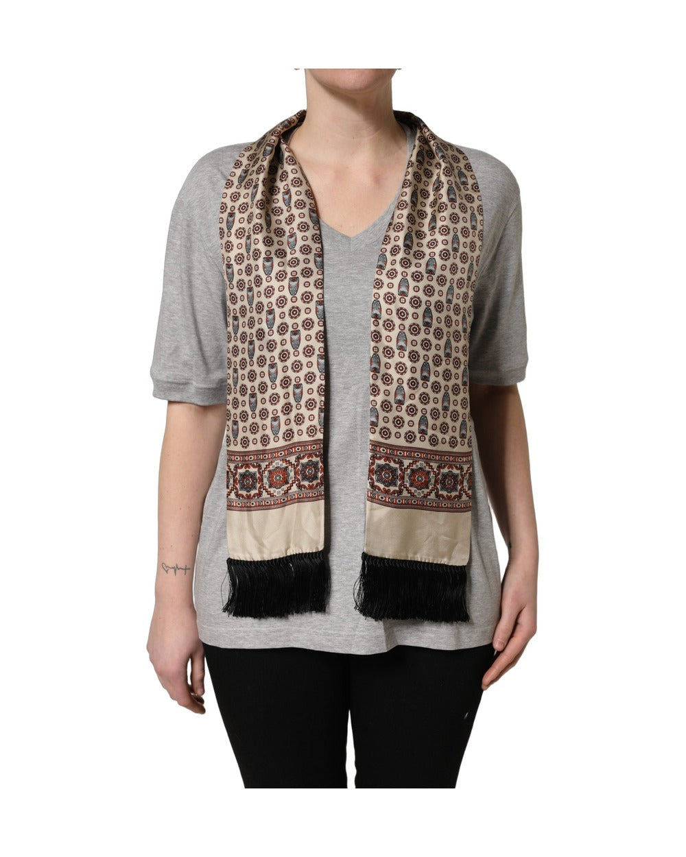 Dolce & Gabbana Gray Cotton V-neck Owl Silk Scarf Top T-shirt