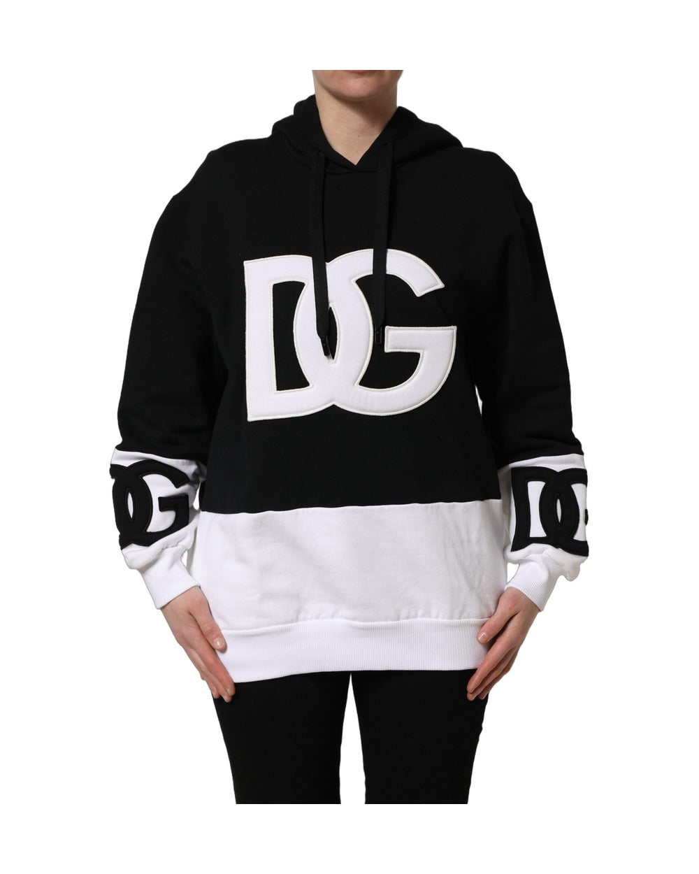 Dolce & Gabbana BlackWhite Appliqué Hooded Sweatshirt Sweater