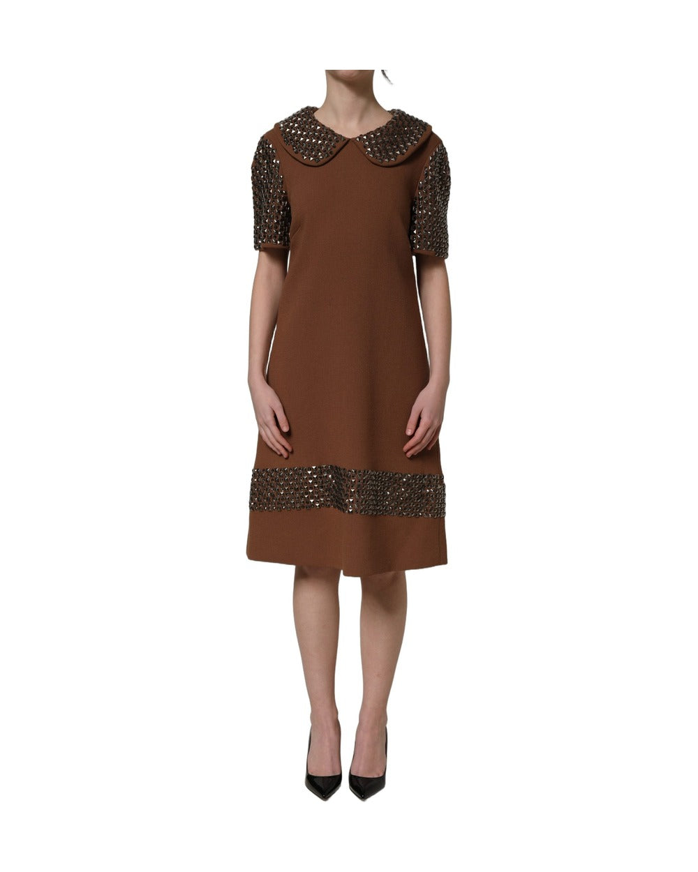 Dolce & Gabbana Brown Wool Rhinestone Embellished Midi Dress