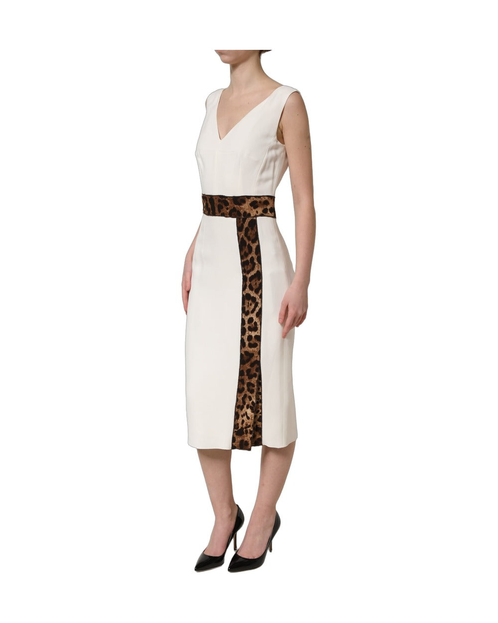Dolce & Gabbana White Leopard Sleeveless Sheath Midi Dress