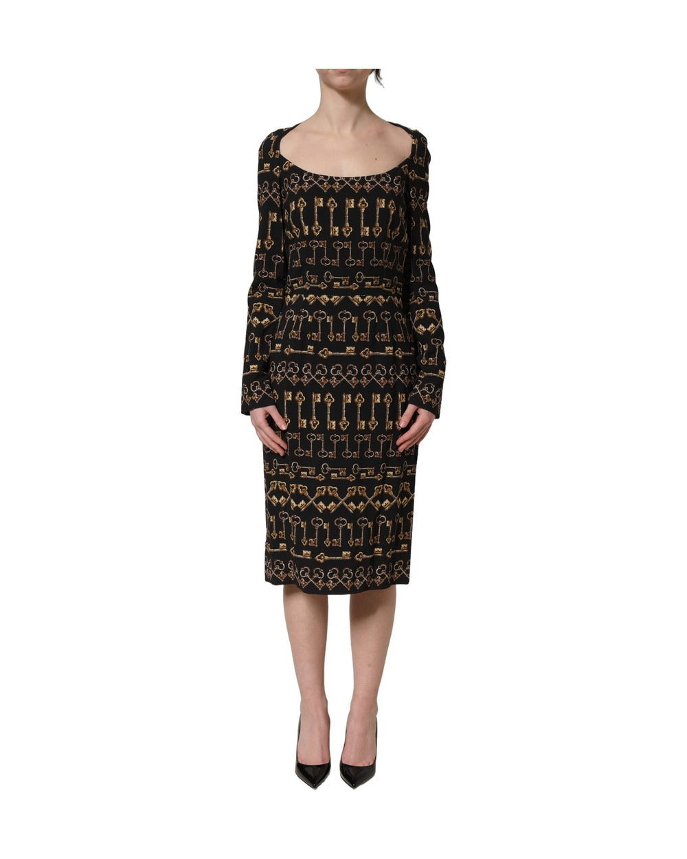 Dolce & Gabbana Black Key Print Long Sleeves Sheath Midi Dress