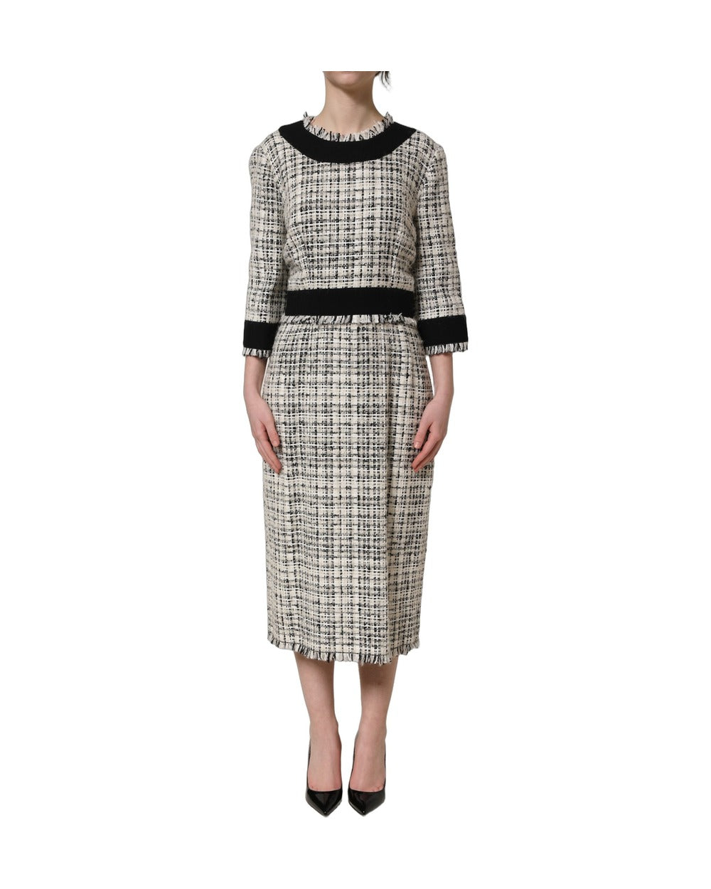 Dolce & Gabbana Multicolor Bouclé Tweed Frayed Trim Midi Dress