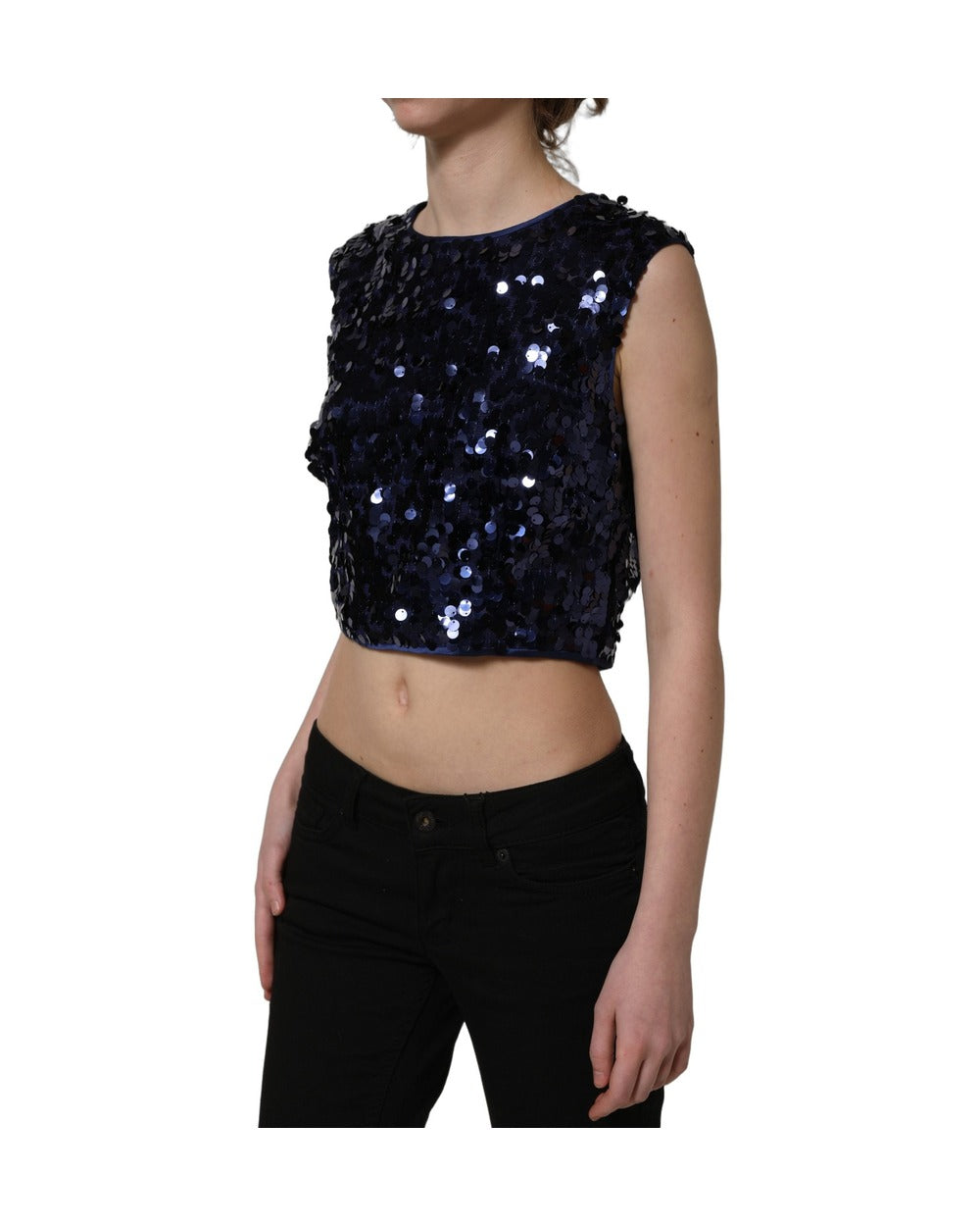 Dolce & Gabbana Blue Sequined Sleeveless Cropped Tank Top
