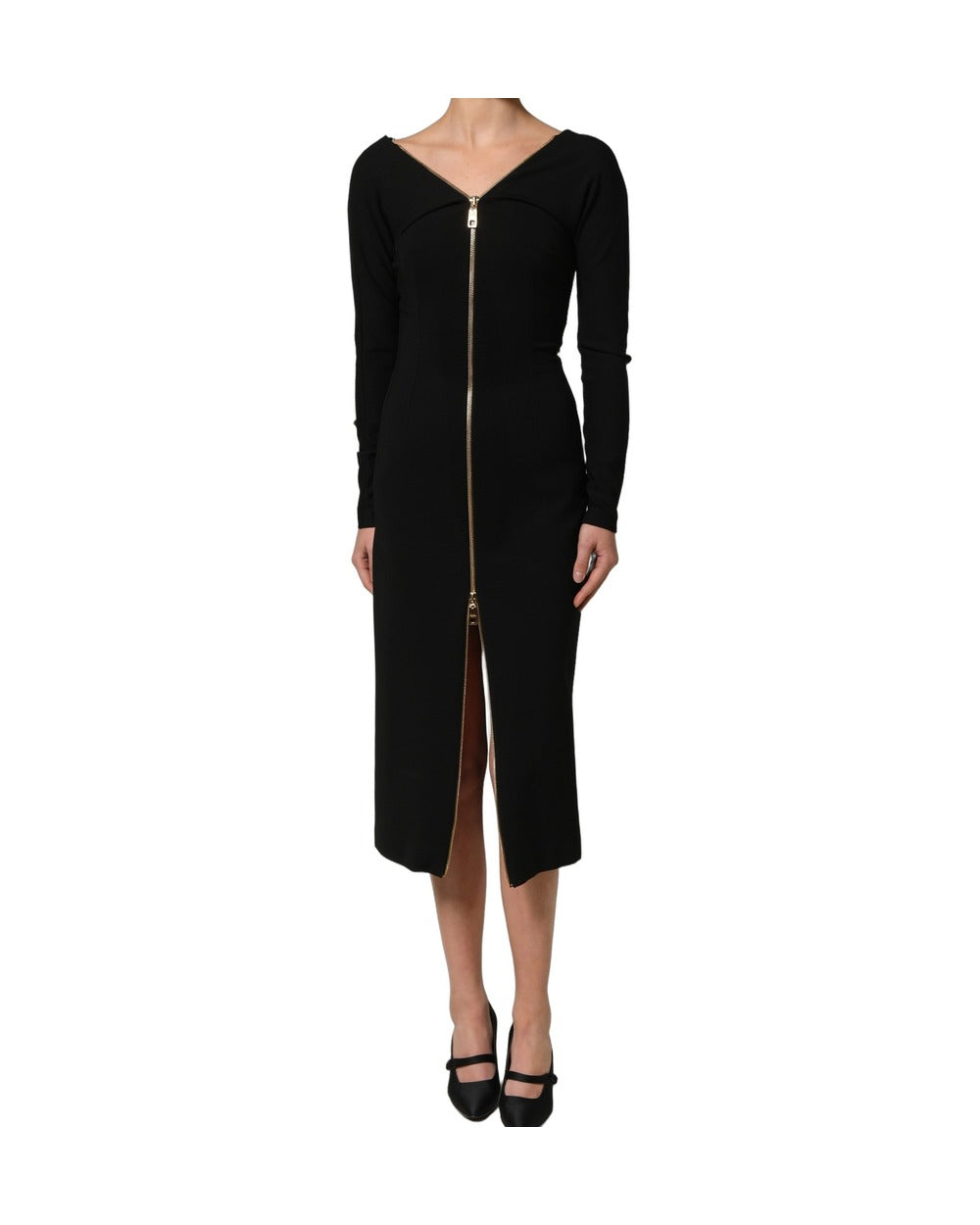 Dolce & Gabbana Black Long Sleeves Front Zipper Midi Dress