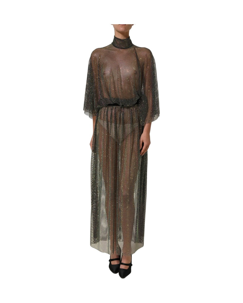 Dolce & Gabbana Black Rhinestone Mesh Turtleneck Maxi Dress