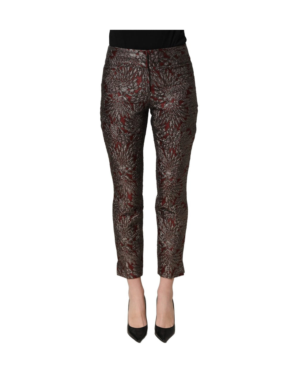 Dolce & Gabbana Burgundy Grey Floral Jacquard Straight Pants