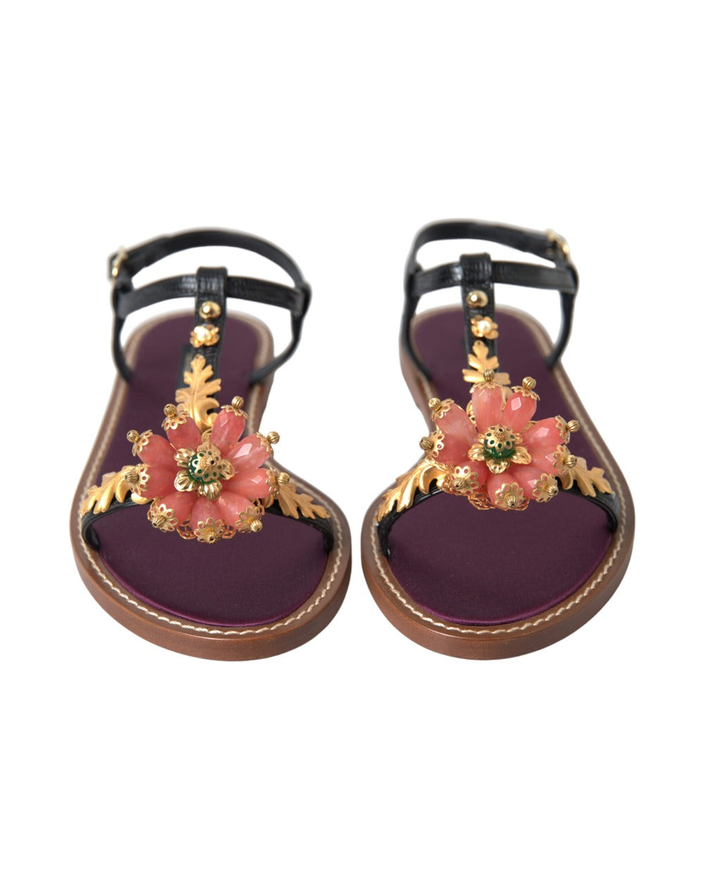 Dolce & Gabbana Black Crystal Gold Sandals Leather Shoes