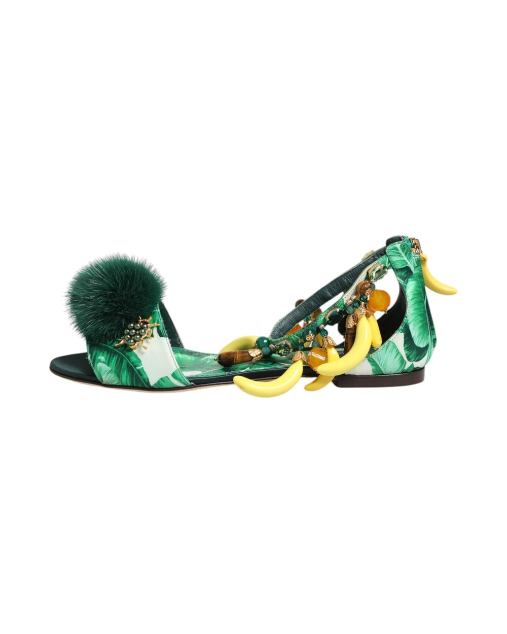 Dolce & Gabbana Green Mink Fur Satin Banana Leaf Sandals Shoes