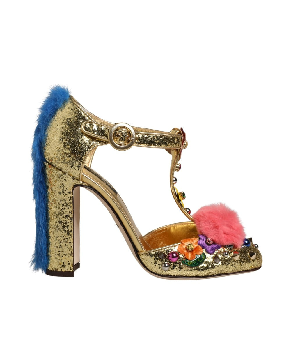 Dolce & Gabbana Gold Fur Trim Glitter T-strap Sandals Shoes