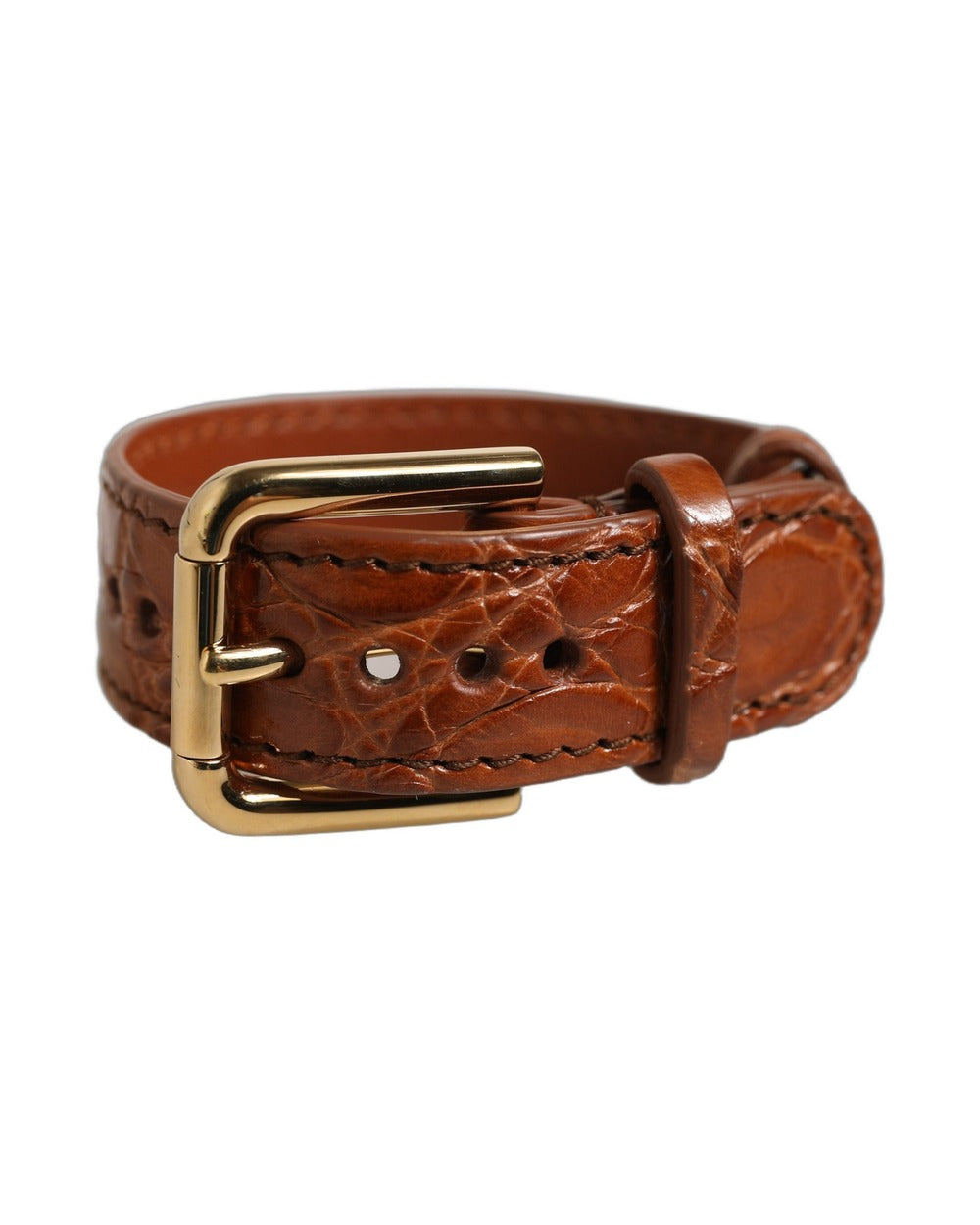 Dolce & Gabbana Brown Textured Leather Gold Buckle Belt Strap Bracelet