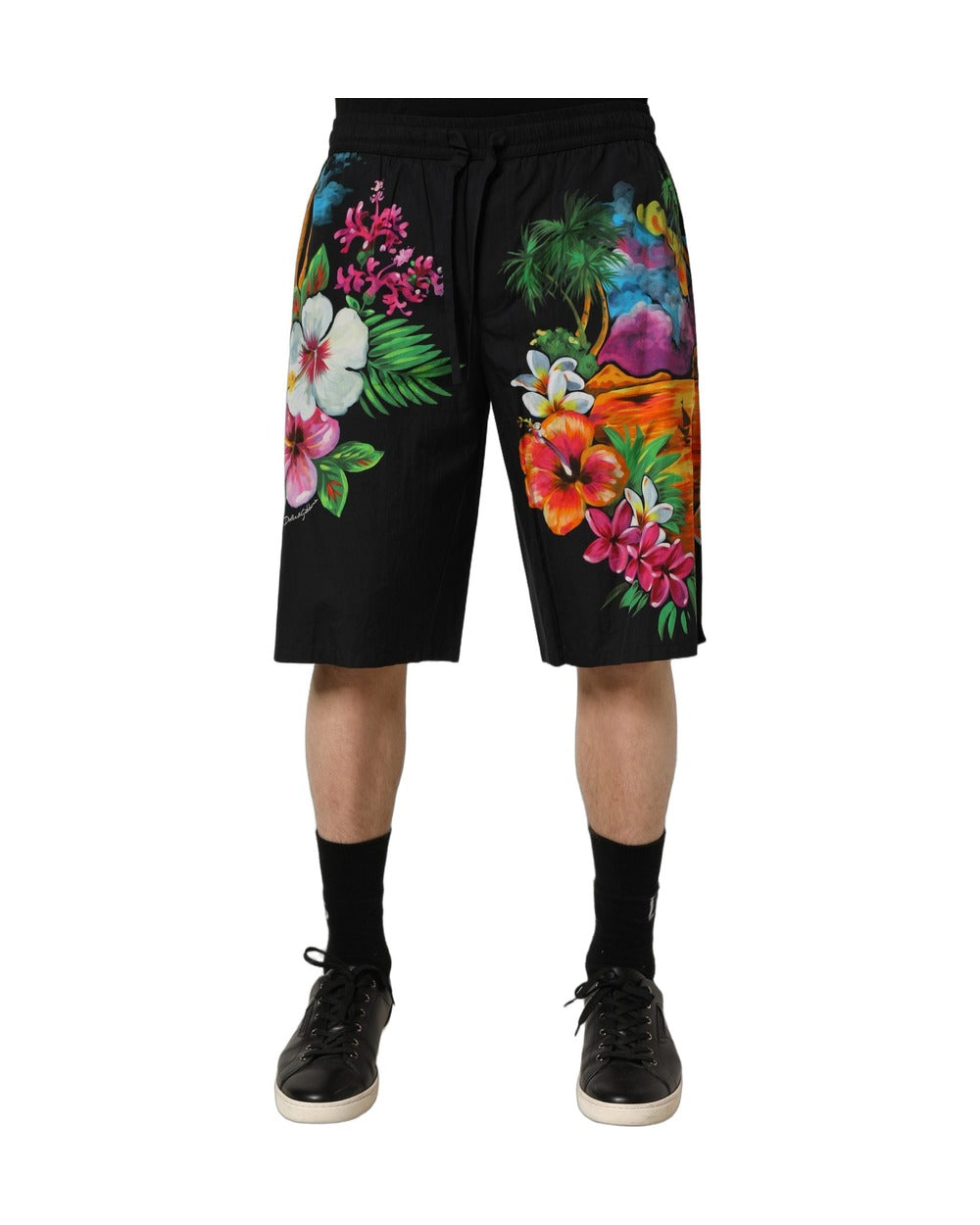 Dolce & Gabbana Black Cotton Tropical Floral Bermuda Shorts