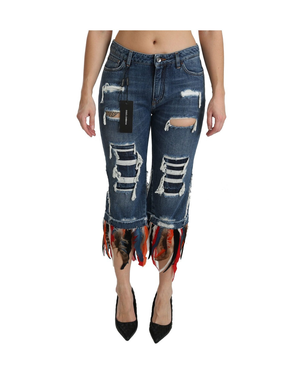 Dolce & Gabbana Blue Feathers Low Waist Cropped Cotton Jeans